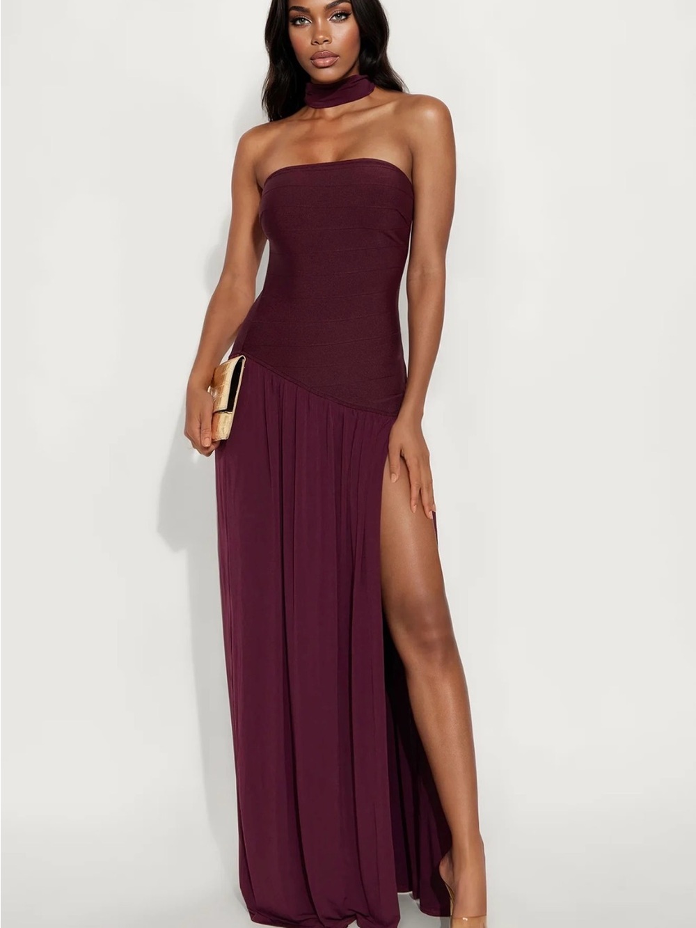Fashion Nova Strapless Plum Maxi Gown with High Thigh Slit